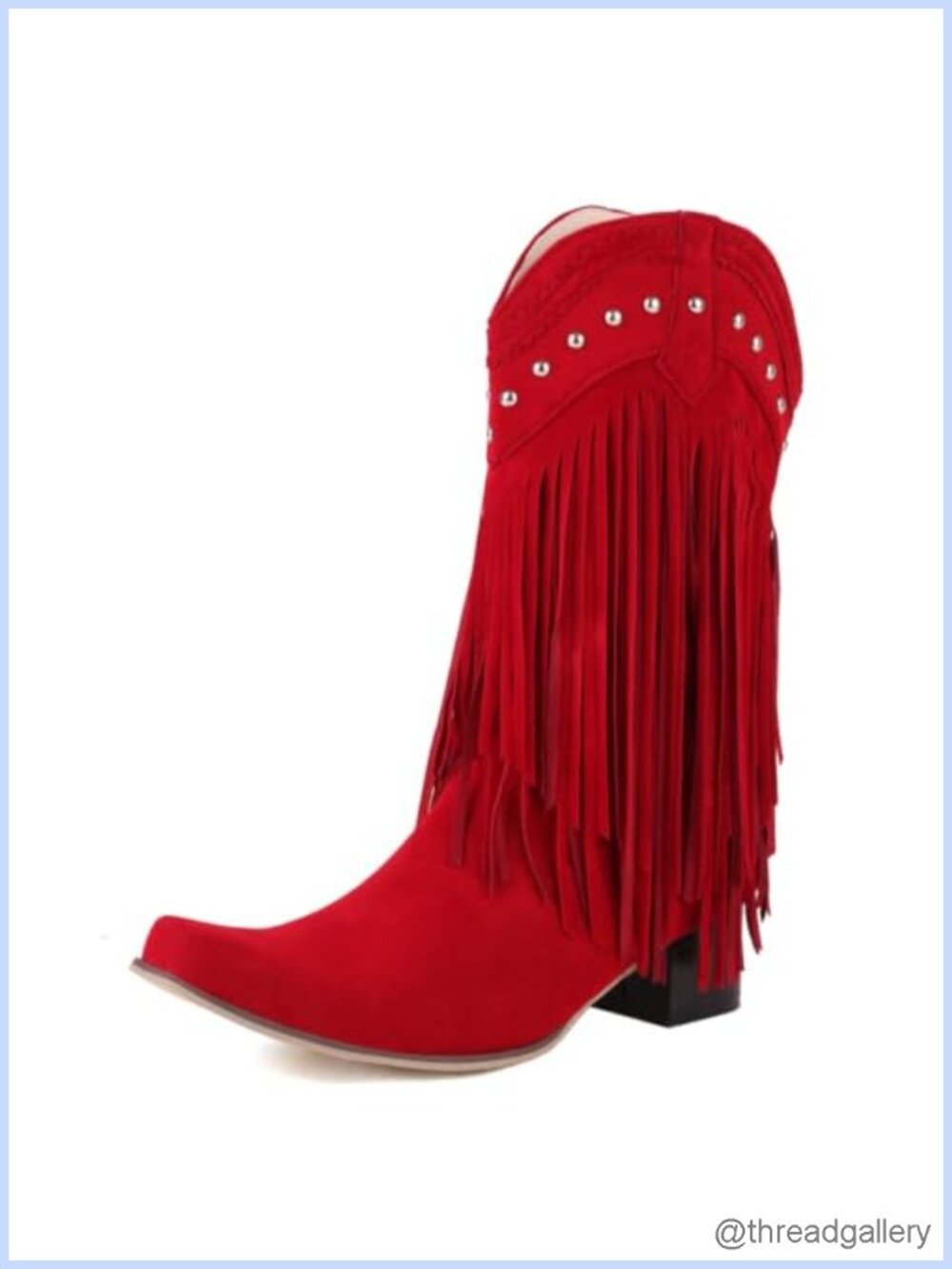 Mid Calf Fringe Boots Women Chunky Block Heel Cowgirl Western Snip Toe Pull-On